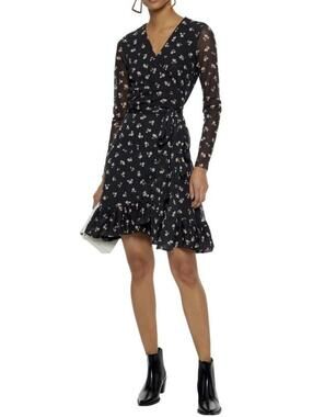 Ganni Tilden Floral Print Mesh Mini Wrap Dress with Ruffle Hem and Sheer Sleeves